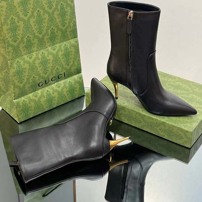 G*u*i women’s ankle boot black leather pointed toe metal effect heel zip closure mid-heel