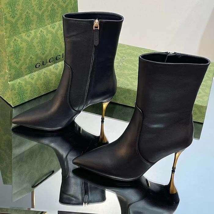 G*u*i women’s ankle boot black leather pointed toe metal effect heel zip closure mid-heel