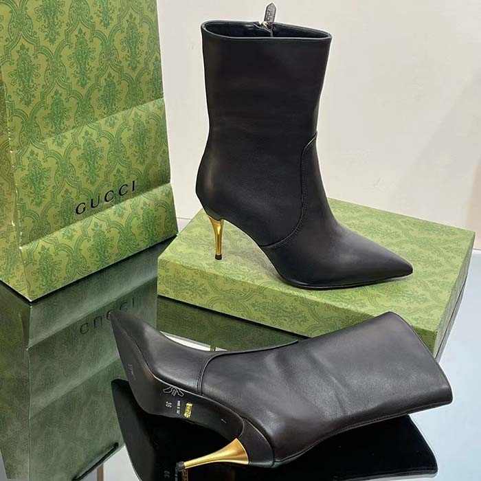 G*u*i women’s ankle boot black leather pointed toe metal effect heel zip closure mid-heel