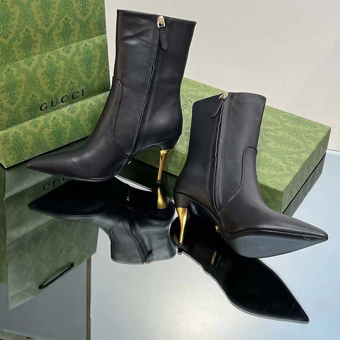 G*u*i women’s ankle boot black leather pointed toe metal effect heel zip closure mid-heel