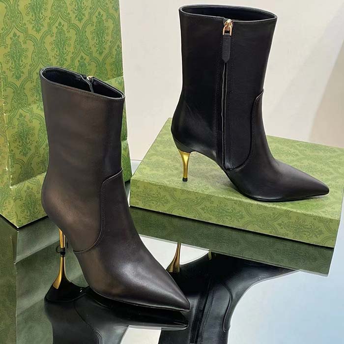 G*u*i women’s ankle boot black leather pointed toe metal effect heel zip closure mid-heel