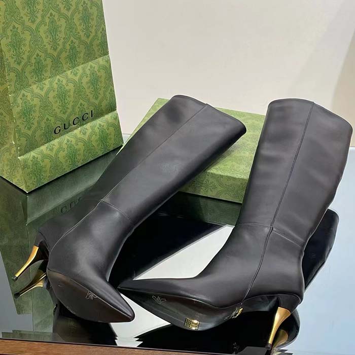 G*u*i women’s boot black leather pointed toe metal effect heel zip closure mid-heel