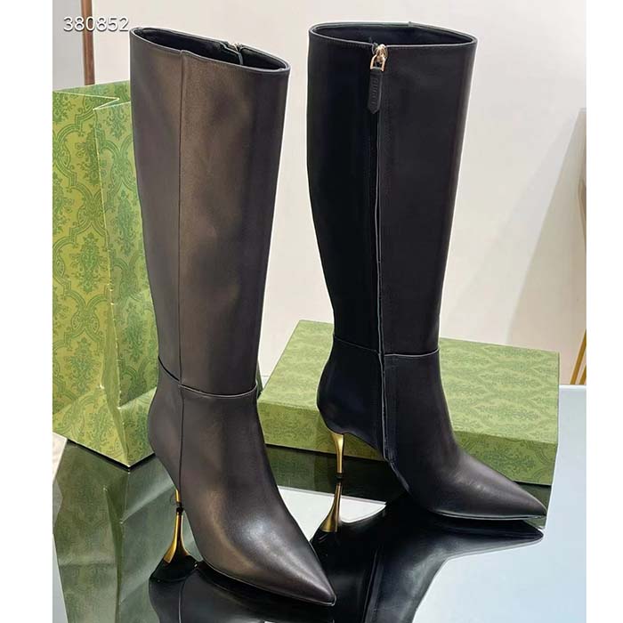 G*u*i women’s boot black leather pointed toe metal effect heel zip closure mid-heel