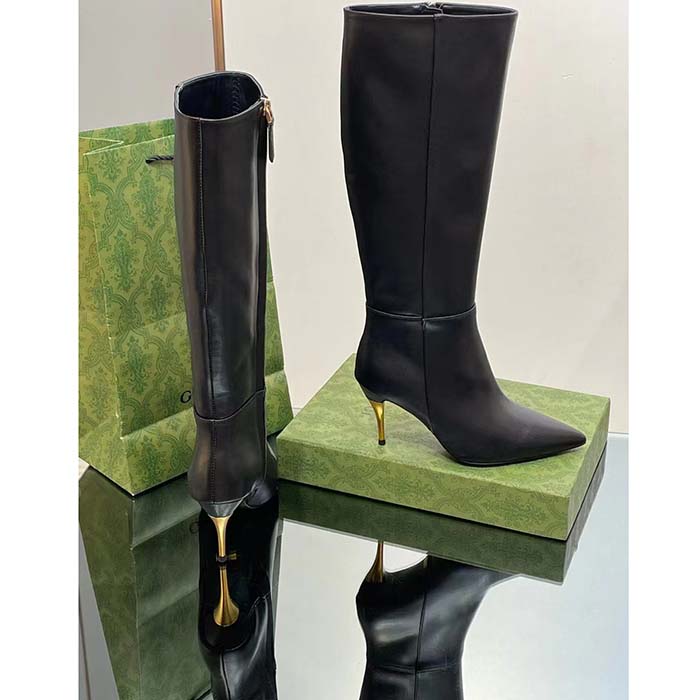 G*u*i women’s boot black leather pointed toe metal effect heel zip closure mid-heel