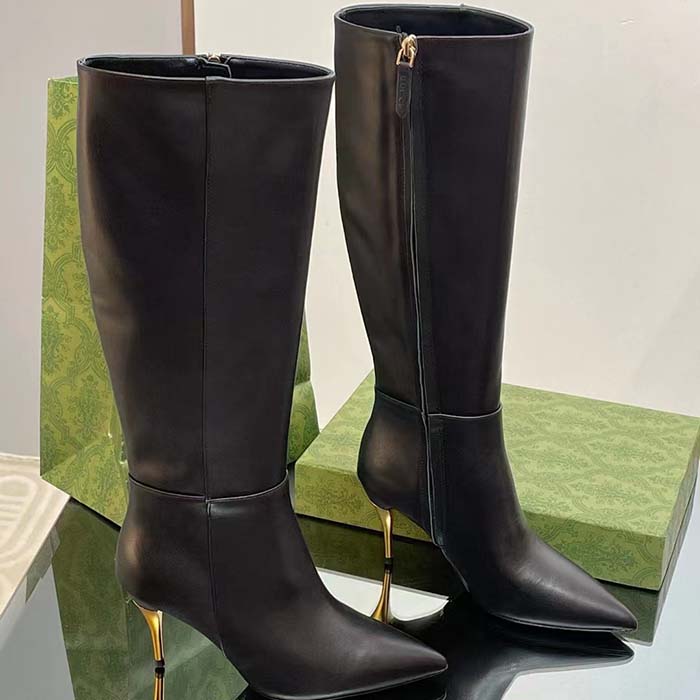 G*u*i women’s boot black leather pointed toe metal effect heel zip closure mid-heel
