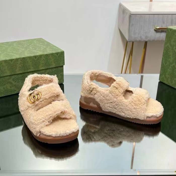 G*u*i women’s gg double g sandals beige merino wool double g rubber sole flat