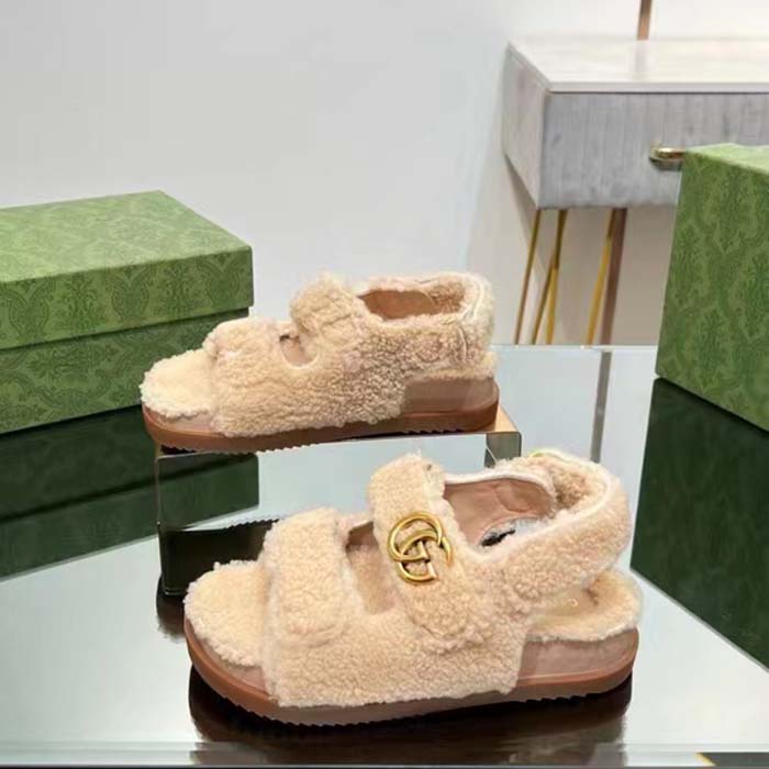 G*u*i women’s gg double g sandals beige merino wool double g rubber sole flat