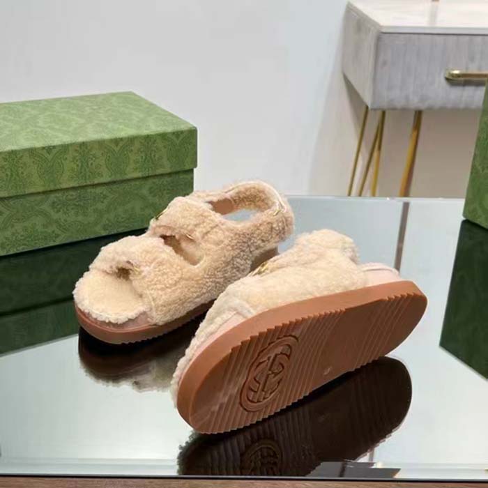 G*u*i women’s gg double g sandals beige merino wool double g rubber sole flat