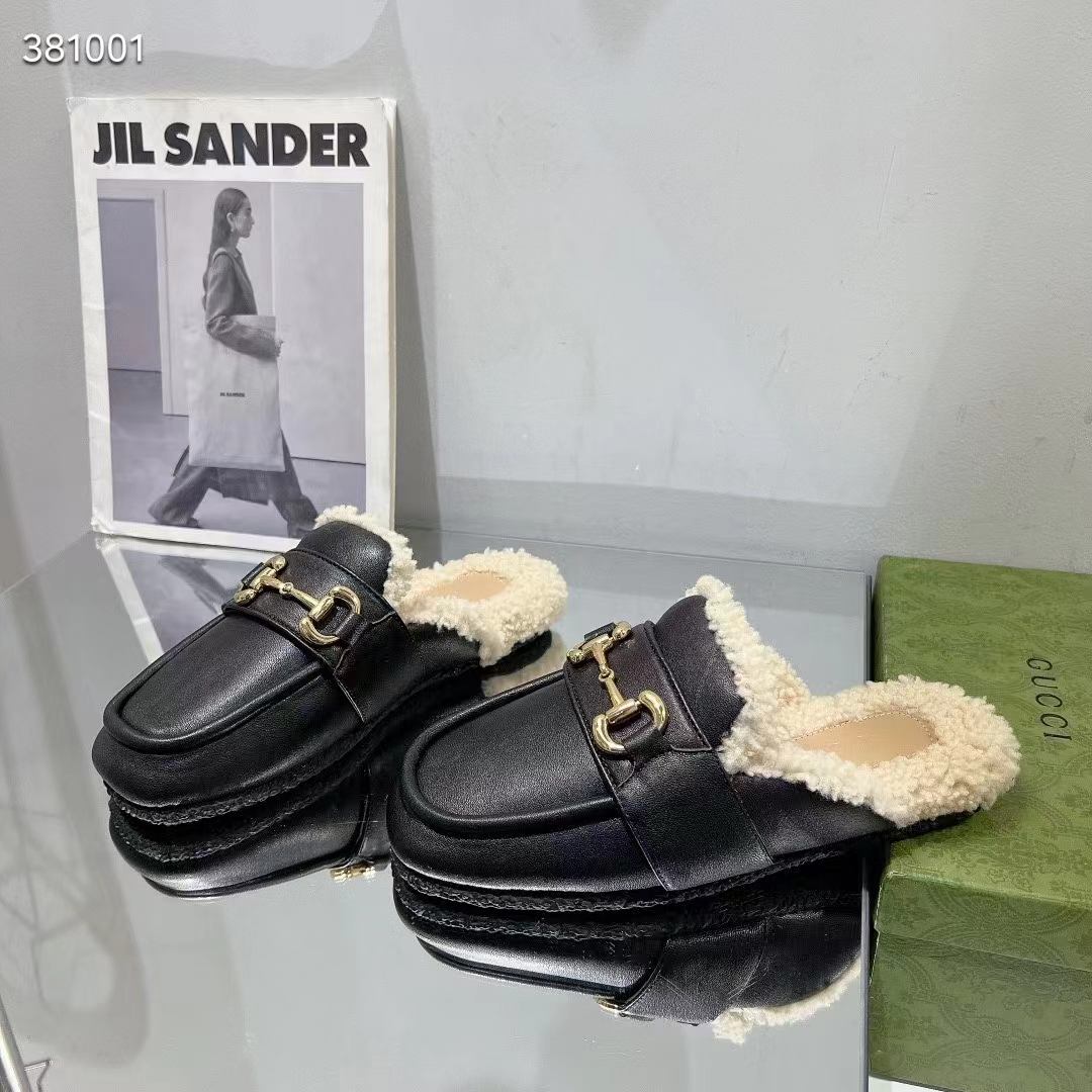 G*u*i women’s gg mule horsebit black leather merinos wool lining leather sole flat