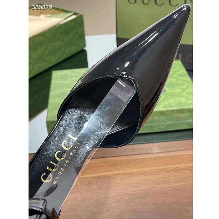 G*u*i women’s high-heel patent pump black leather pointed toe ankle cuff