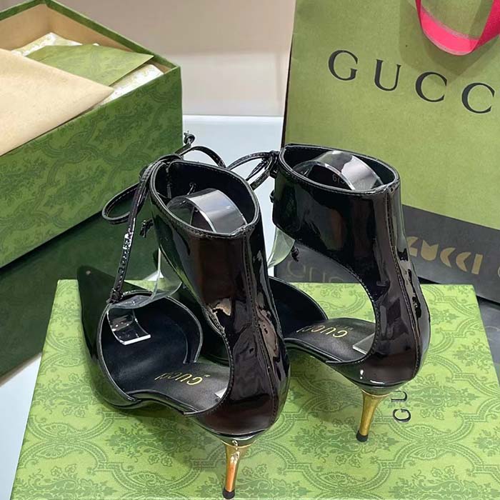 G*u*i women’s high-heel patent pump black leather pointed toe ankle cuff