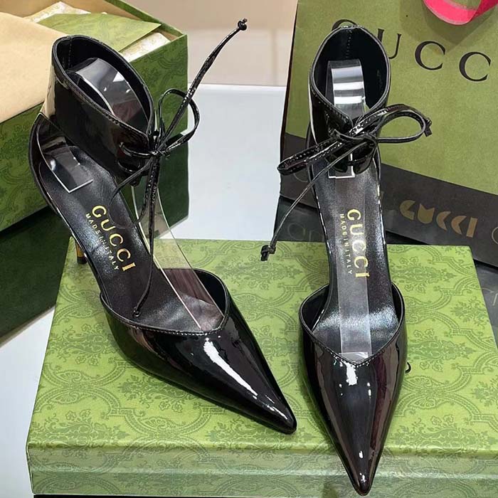 G*u*i women’s high-heel patent pump black leather pointed toe ankle cuff