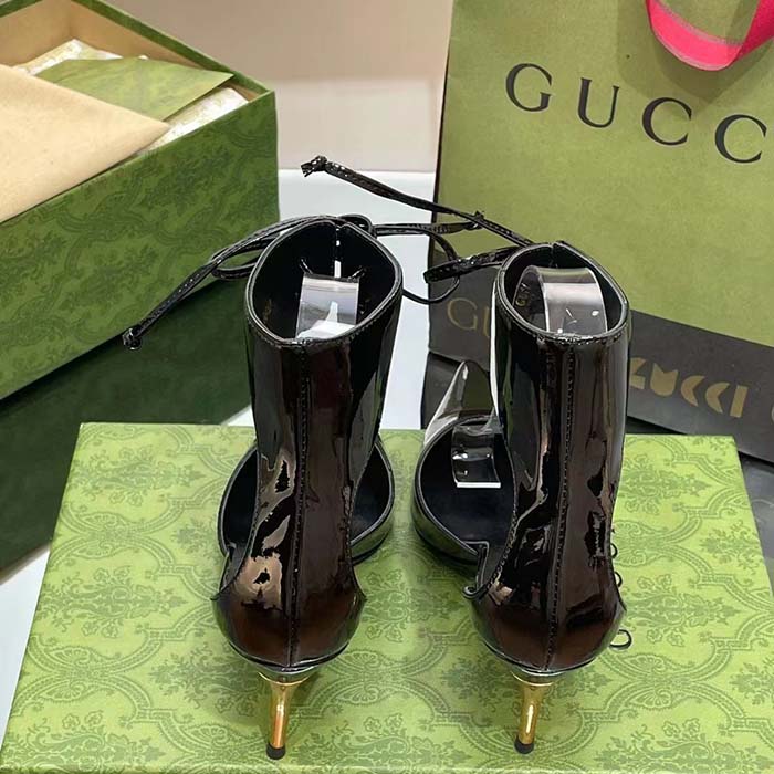 G*u*i women’s high-heel patent pump black leather pointed toe ankle cuff