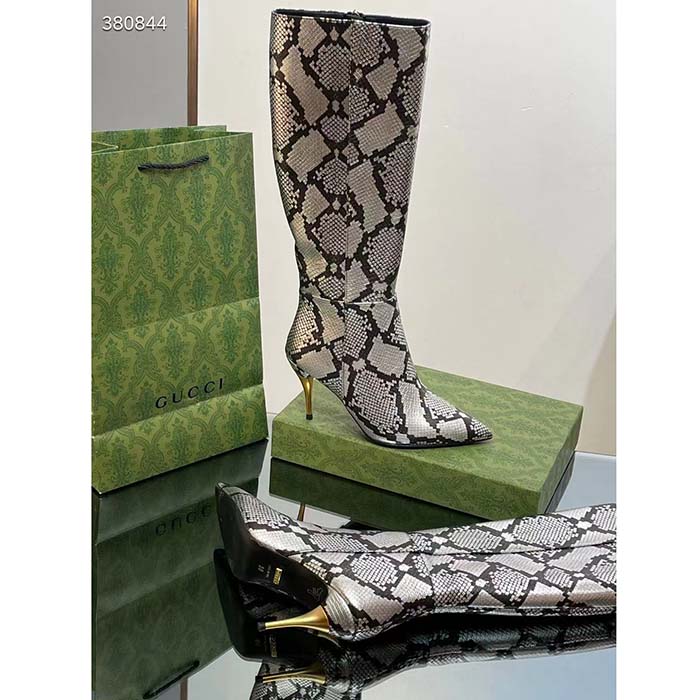 G*u*i women’s python mid-heel boot metallic silver leather sole double g detail side zip closure