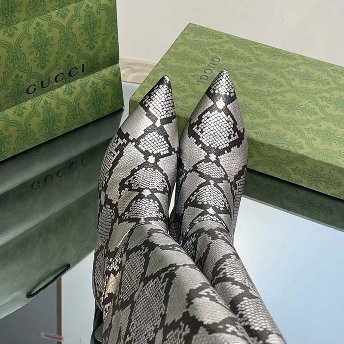G*u*i women’s python mid-heel boot metallic silver leather sole double g detail side zip closure