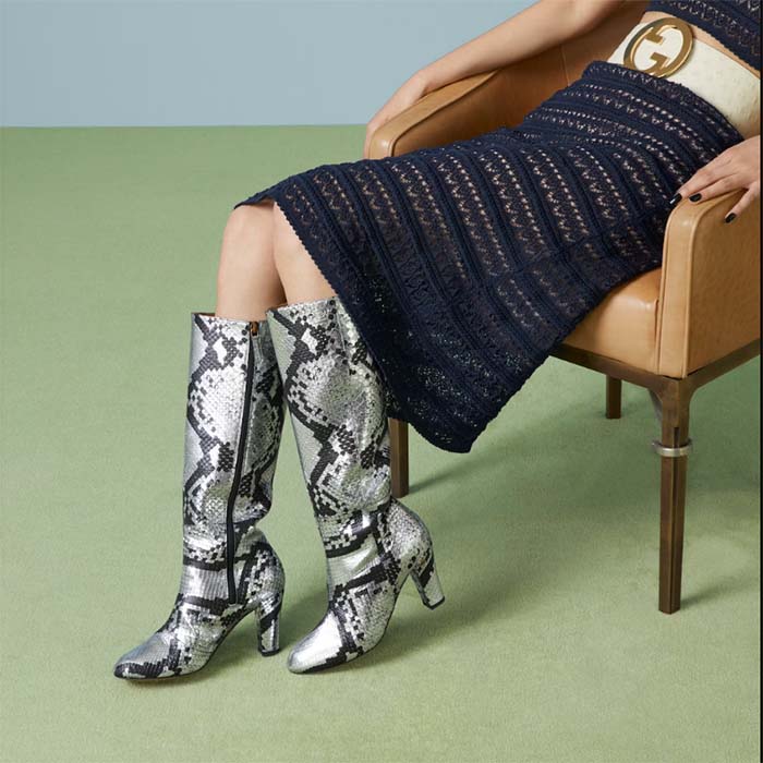 G*u*i women’s python mid-heel boot metallic silver leather sole double g detail side zip closure