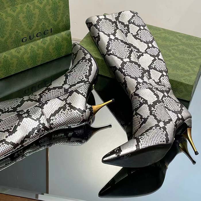 G*u*i women’s python mid-heel boot metallic silver leather sole double g detail side zip closure