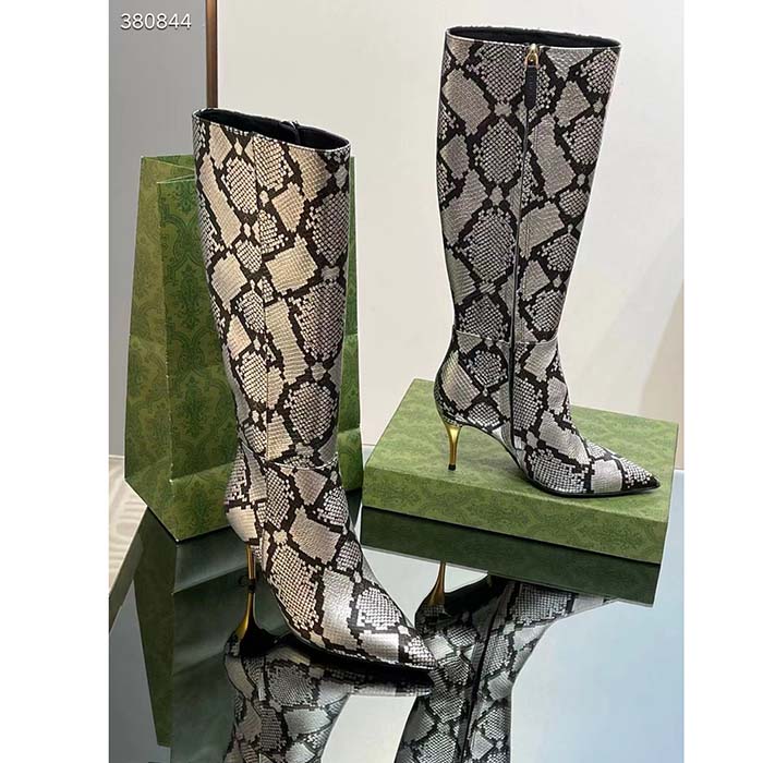 G*u*i women’s python mid-heel boot metallic silver leather sole double g detail side zip closure