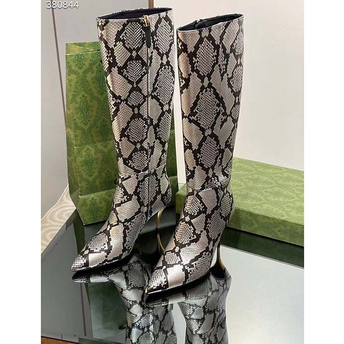 G*u*i women’s python mid-heel boot metallic silver leather sole double g detail side zip closure