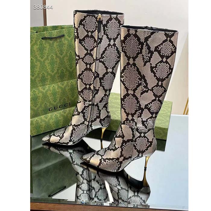 G*u*i women’s python mid-heel boot metallic silver leather sole double g detail side zip closure