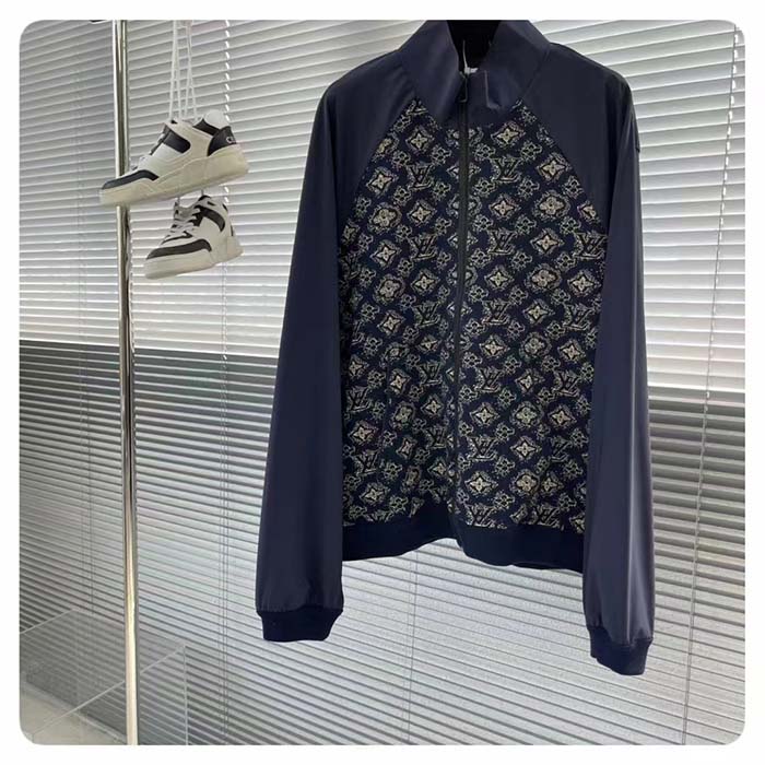 Louis Vuitton Men LV Technical Cotton Zipped Track Top Regular Fit Monogram Sand Jacquard High Jersey Collar