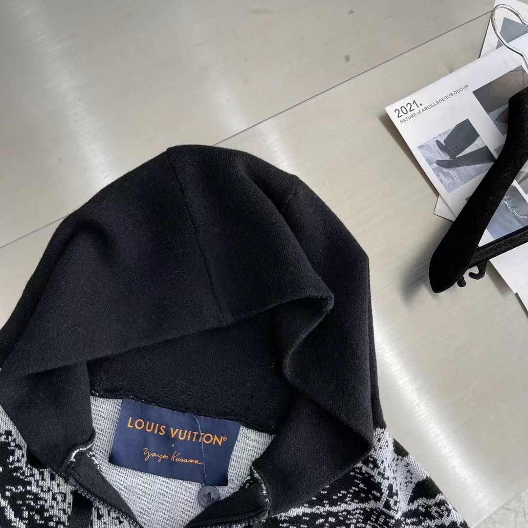 Louis Vuitton Men LV x YK Psychedelic Flower Zipped Hoodie Wool Polyamide Black White Regular Fit