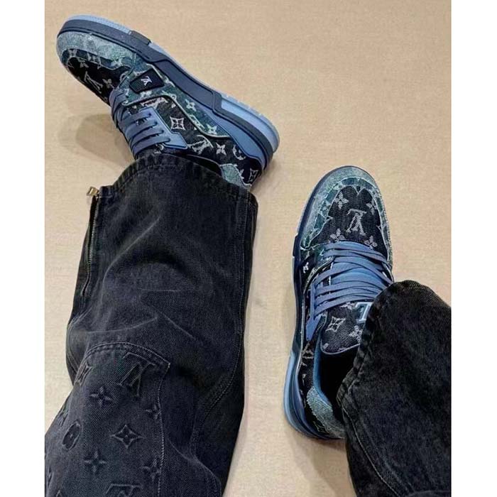Louis Vuitton Unisex LV Trainer Sneaker Blue Monogram Denim Rubber Outsole Monogram Flowers