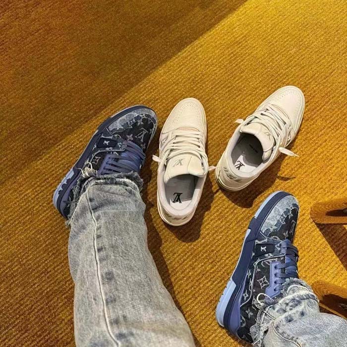 Louis Vuitton Unisex LV Trainer Sneaker Beige Monogram Denim Rubber Outsole Monogram Flowers