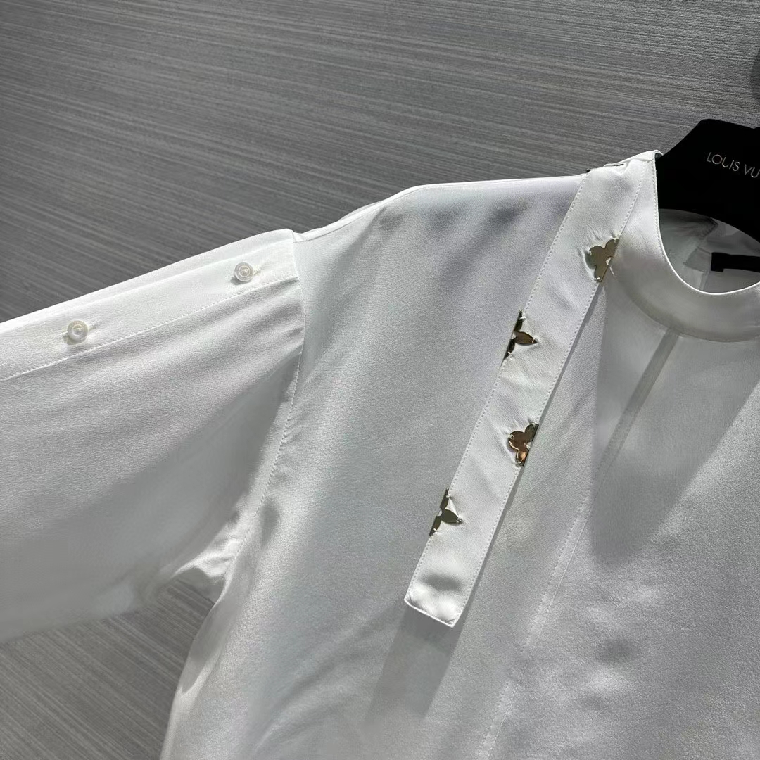 Louis Vuitton Women LV Monogram Lavaliere Button Sleeve Blouse White Silk Regular Fit