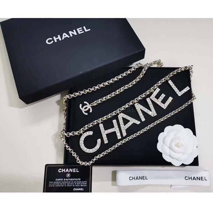 chanel women cc belt gold tone metal white crystal glass Di*m*nd chanel logo