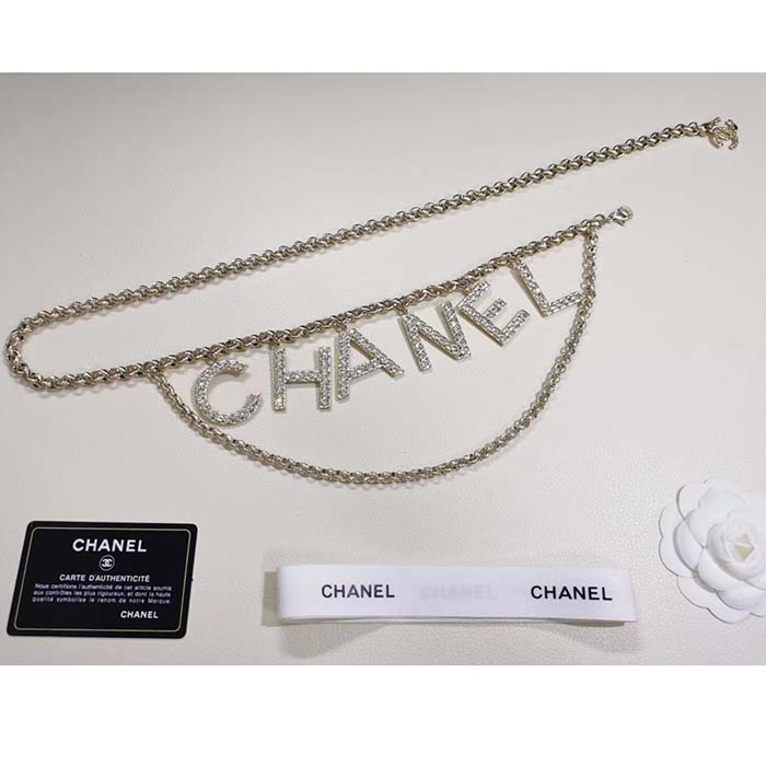 chanel women cc belt gold tone metal white crystal glass Di*m*nd chanel logo