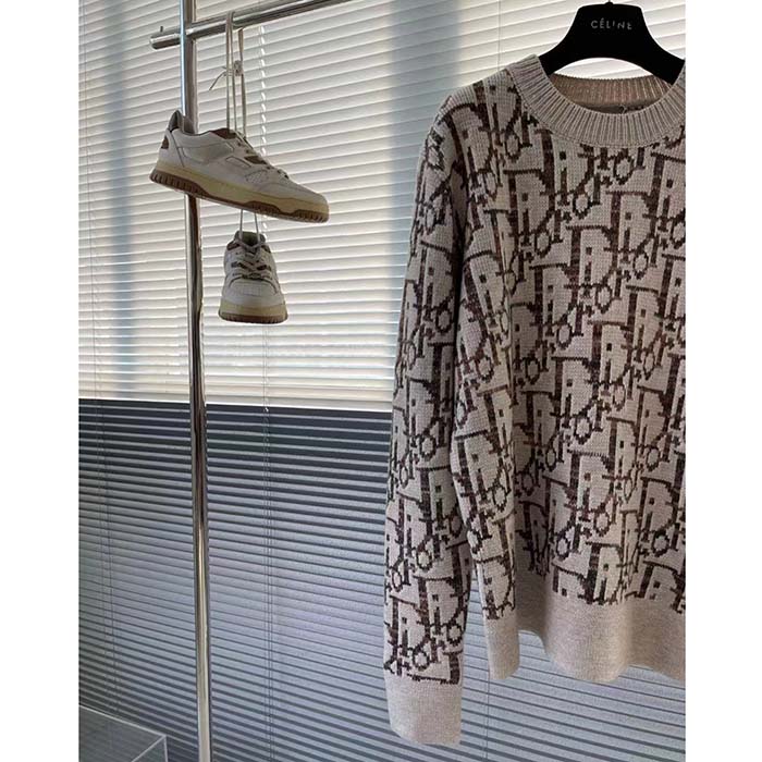 Dior Men CD Dior Oblique Sweater Beige Brown Wool Jacquard