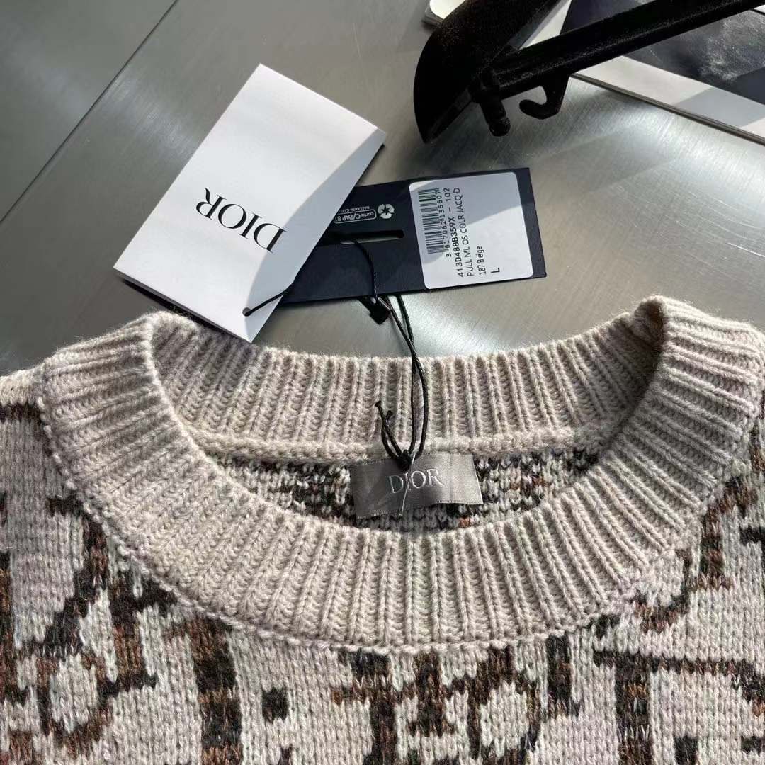Dior Men CD Dior Oblique Sweater Beige Brown Wool Jacquard