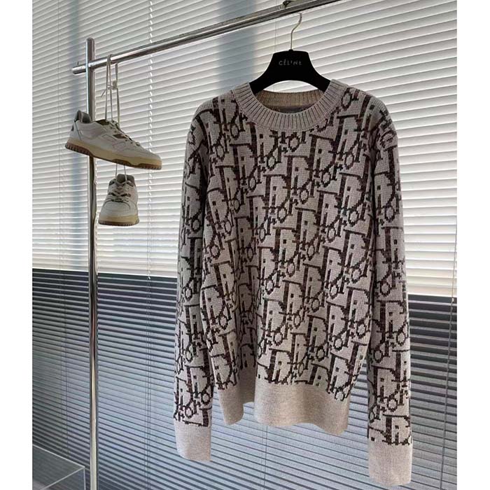 Dior Men CD Dior Oblique Sweater Beige Brown Wool Jacquard