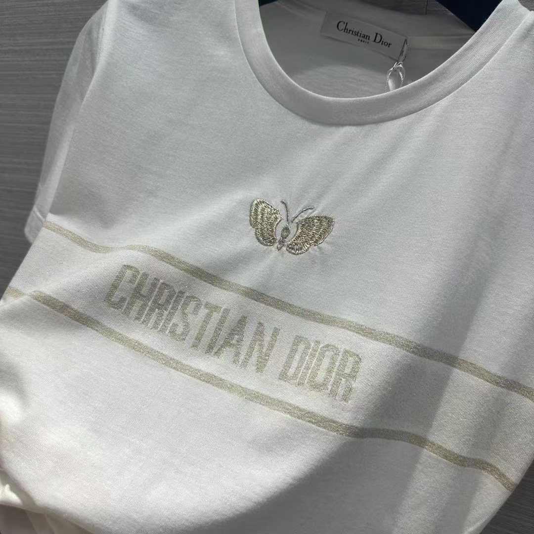 Dior Men CD Embroidered T-Shirt White Cotton Jersey Gold-Tone Signature