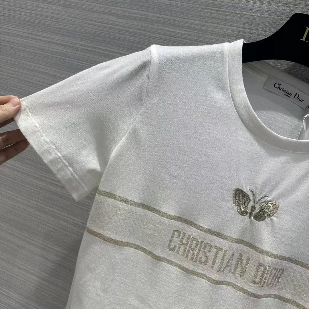 Dior Men CD Embroidered T-Shirt White Cotton Jersey Gold-Tone Signature