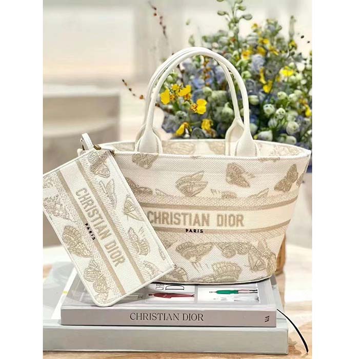 Dior Women CD Hat Basket Bag White Gold-One Gradient Butterflies Embroidery