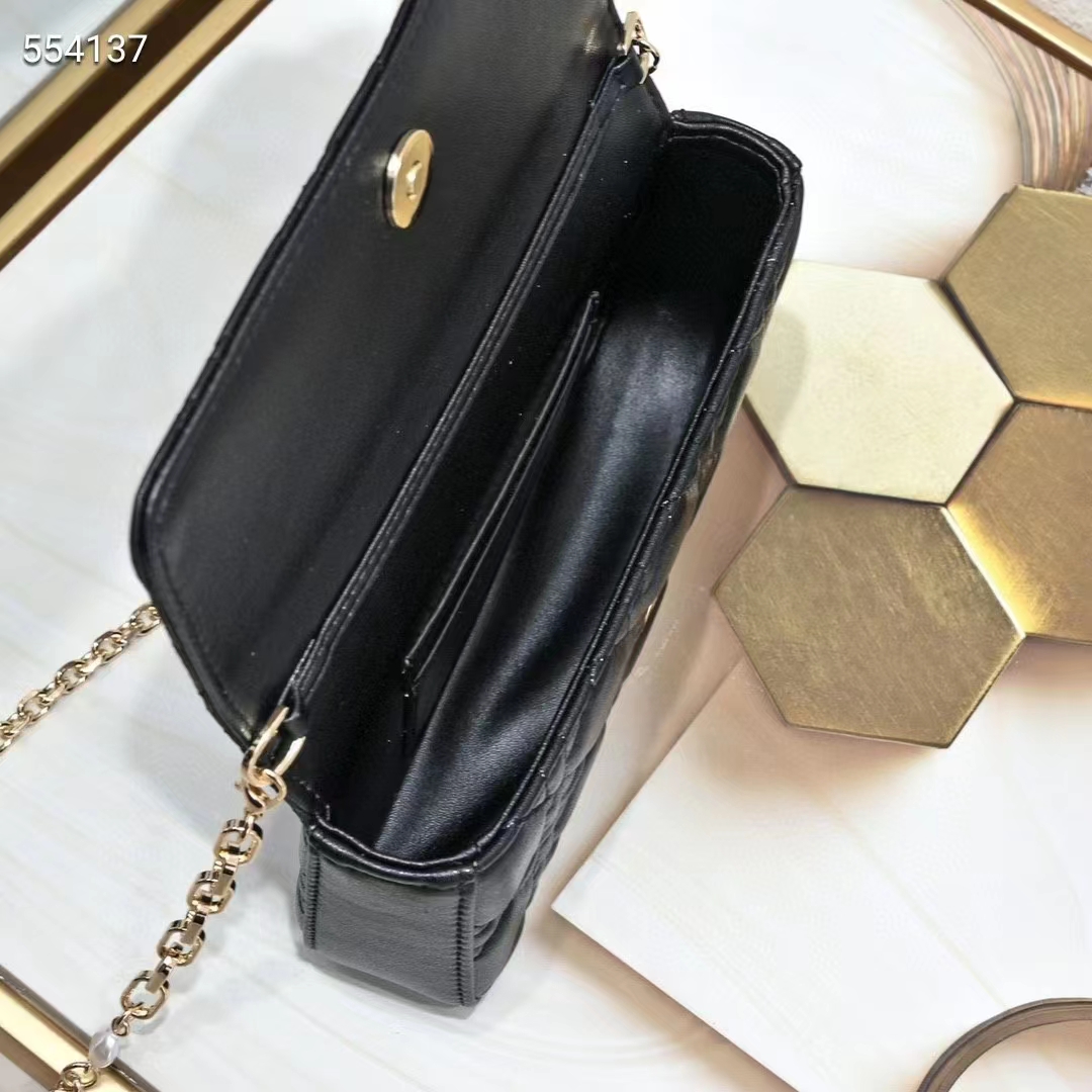 Dior Women CD Lady Dior Phone Pouch Black Cannage Lambskin Removable Chain Strap