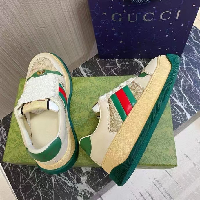 G*u*i gg unisex screener sneaker web beige leather bi-color flatform rubber low heel