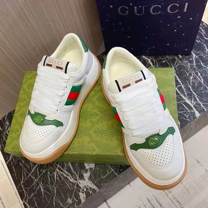 G*u*i gg unisex screener sneaker web white perforated leather bi-color flatform rubber low heel