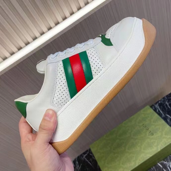 G*u*i gg unisex screener sneaker web white perforated leather bi-color flatform rubber low heel