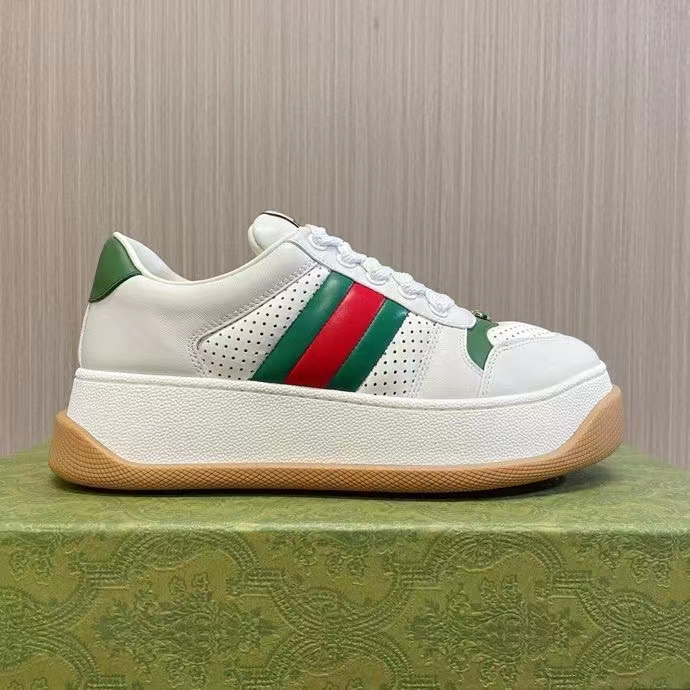 G*u*i gg unisex screener sneaker web white perforated leather bi-color flatform rubber low heel