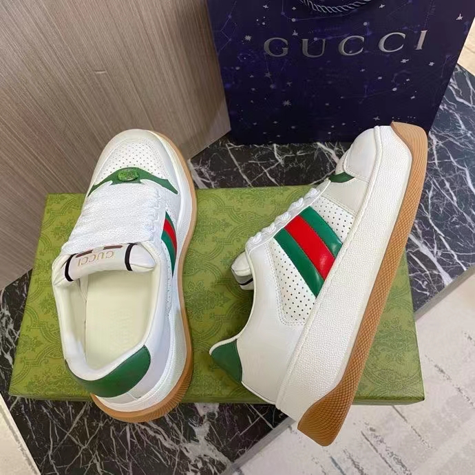 G*u*i gg unisex screener sneaker web white perforated leather bi-color flatform rubber low heel