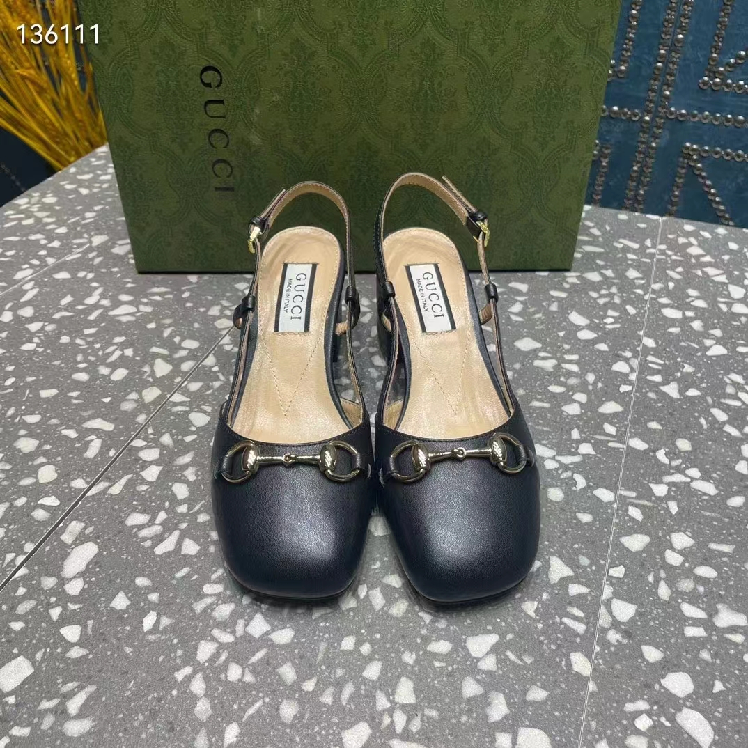 G*u*i gg women horsebit slingback black leather sole ankle buckle closure mid-heel style ‎771601 c9d00 1000
