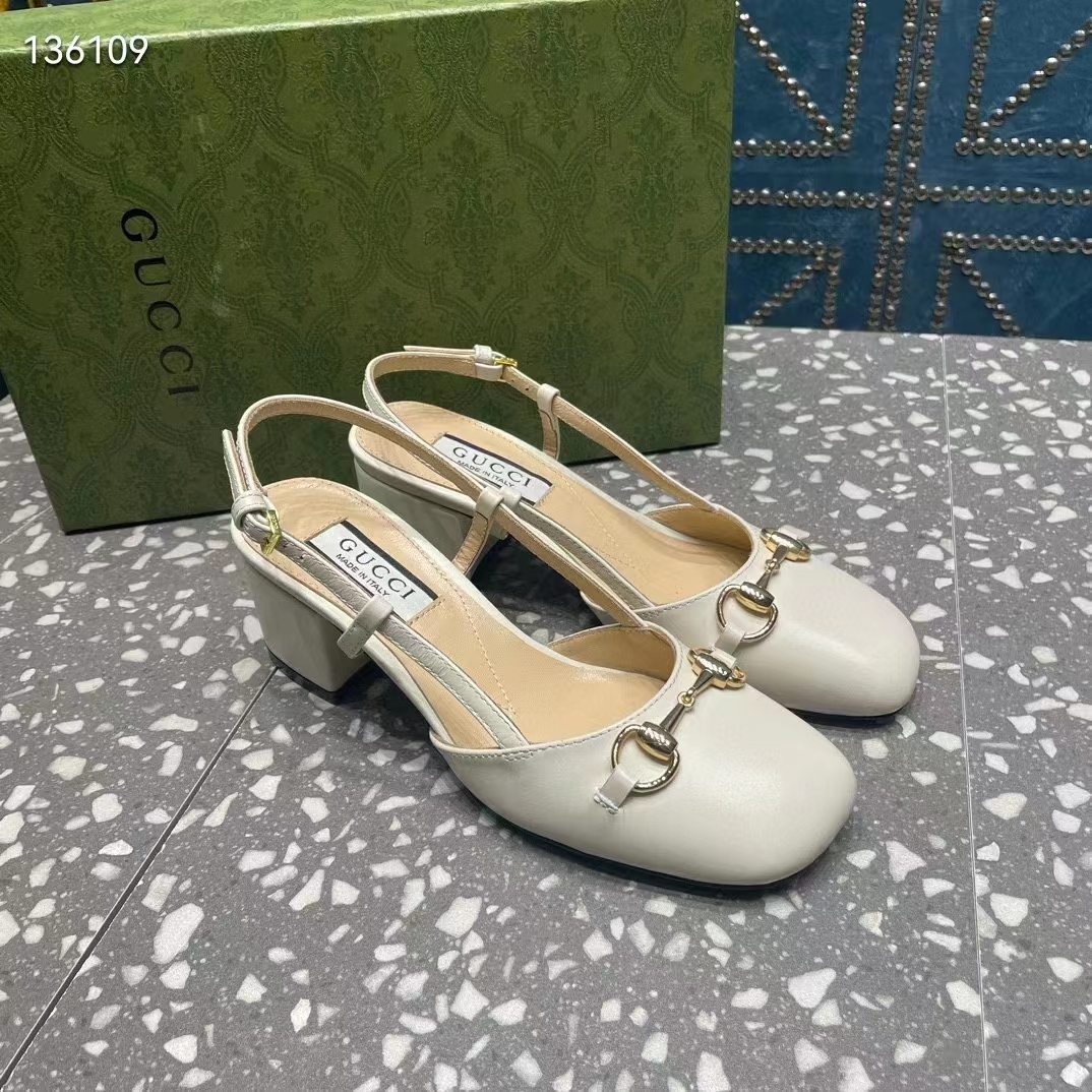 G*u*i gg women horsebit slingback white leather sole ankle buckle closure mid-heel style ‎771601 c9d00 9022