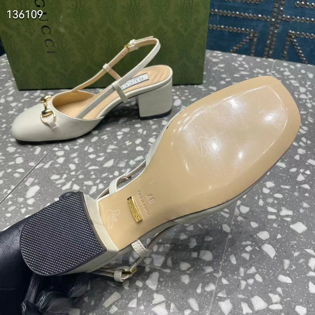 G*u*i gg women horsebit slingback white leather sole ankle buckle closure mid-heel style ‎771601 c9d00 9022