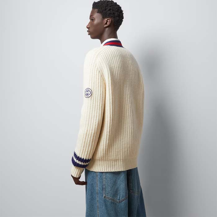 G*u*i men gg cable wool knit cardigan web v-neck dropped shoulder two front pockets