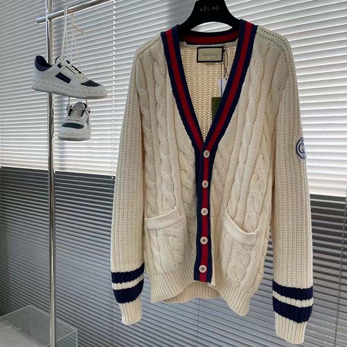 G*u*i men gg cable wool knit cardigan web v-neck dropped shoulder two front pockets
