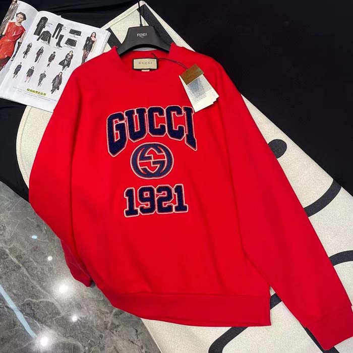 G*u*i women gg cotton jersey sweatshirt 1921 embroidery red crewneck dropped shoulder style ‎768530 xjf3o 6429