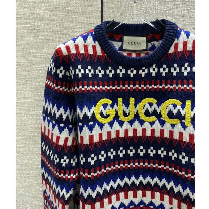 G*u*i men knit wool sweater G*u*i embroidery crewneck dropped shoulder rib style ‎763391 xkdox 4216